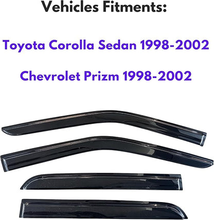 KPY Window Visor Compatible with Toyota Corolla Sedan & Chevrolet Chevy Prizm 1998-2002, 4PC Rain Guard Side Window Vent Deflectors Tape-On Mugen Style, 1998 1999 2000 2001 2002