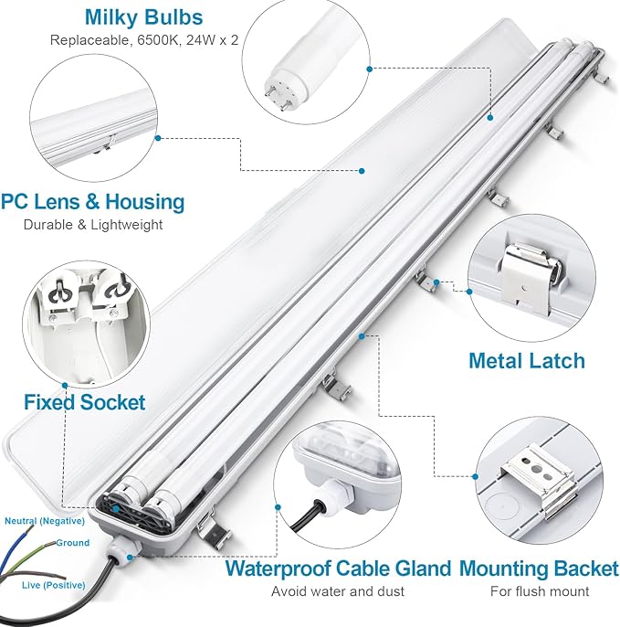 4FT Vapor Tight LED Light Fixture 4200LM 48W, 6500K Bright White IP65 Waterproof for Warehosue, Factory, Workshop, Garage, Car Wash，Indoor/Outdoor Ceiling Lights (8-Pack)