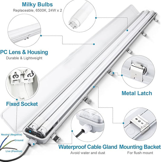 4FT Vapor Tight LED Light Fixture 4200LM 48W, 6500K Bright White IP65 Waterproof for Warehosue, Factory, Workshop, Garage, Car Wash，Indoor/Outdoor Ceiling Lights (8-Pack)