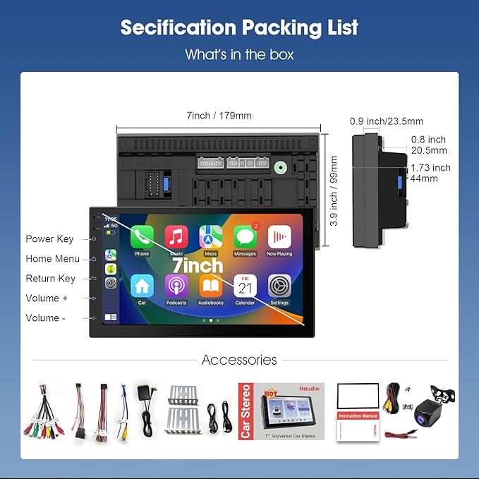 Wireless CarPlay Screen for Car & Android Auto Head Unit - Touchscreen 7 Inch Double Din Car Stereo with Backup Camera for All Cars (2+32GB)