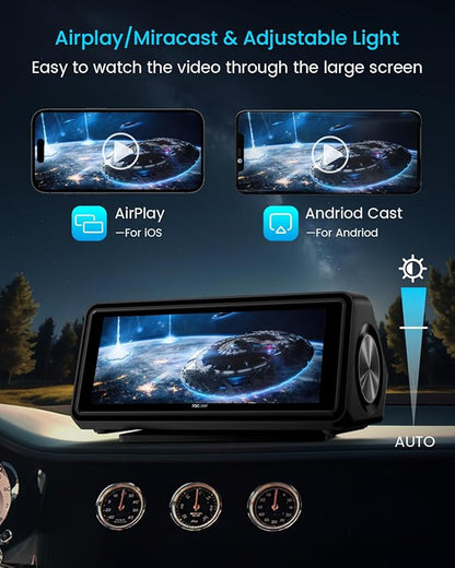 Portable Apple Carplay Screen for Car, Touch Screen with Wireless Android Auto, Car Audio Receivers with Voice Control, Mirror Link, Music Play, GPS Navigation, Built-in Customized Speakers (Black)