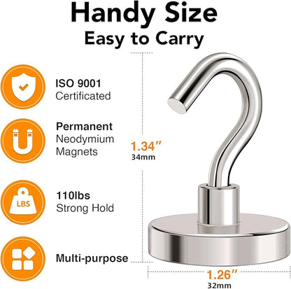 MIKEDE Magnetic Hooks Heavy Duty,110LB+ Strong Magnet with Hook, Super Neodymium Cruise Hooks, Locker Organizer Industrial Hooks for Hanging, Magnetic Hanger for Cruise, Grill - 8 Pack