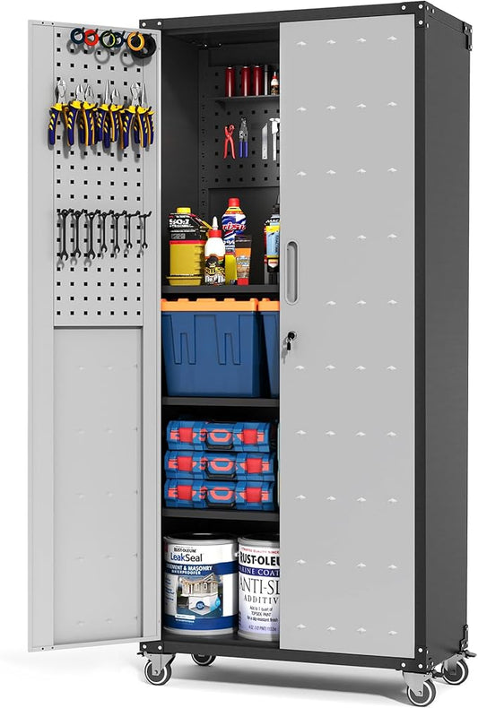 Garage Metal Storage Cabinet with Pegboard, 71'' Tall Storage Cabinet with Adjustable Shelves and Doors, Rolling Tool Cabinet on Wheels for Garage, Utility Room (Black & Grey)