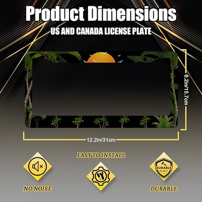 Palm Trees Sunset License Plate Frame Tropical Plants License Plate Holder Stainless Steel Front and Rear Car Tags Auto Parts Colorful License Plate Men Women Decoration with Screws 12.2" x6.2"