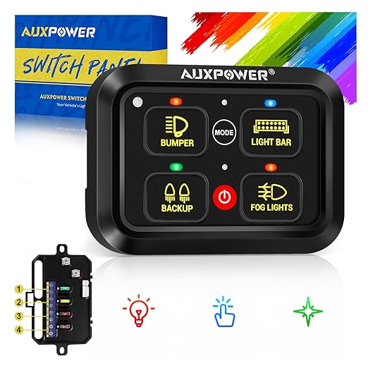 Auxpower RGB 4 Gang Switch Panel A24 Auxiliary Switch Panel with Relays Box 3 Lighting Modes Auto Dimmable Backlit Switch Panel 12V Waterproof Off Road Control Panel for Truck Marine UTV Car