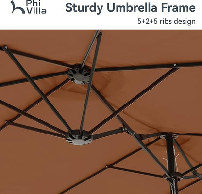 PHI VILLA 15ft Large Patio Umbrellas with Base, Outdoor Double-Sided Rectangle Market Umbrella for Pool Lawn Garden, Maillard Brown