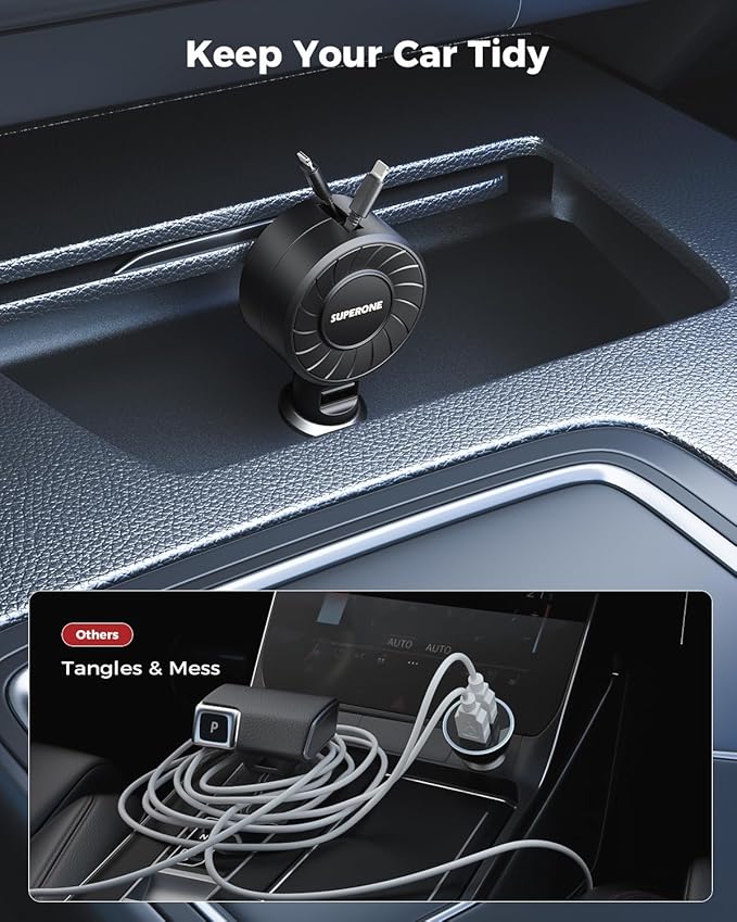SUPERONE Retractable Car Charger with Retractable Cords, Small Fast Charge Retractable Car Phone Charger for iPhone and Android, Compatible with iPhone 16/15/14/13/12/11 Pro Max Samsung