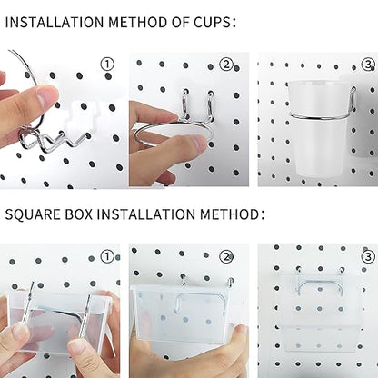 6 Sets Pegboard Bins and Cups with Pegboard Hooks, Pegboard Accessories Baskets, Hooks for Pegboard Cup Holder for Organizing Craft Tools Storage Garage Office Workbench Transparent