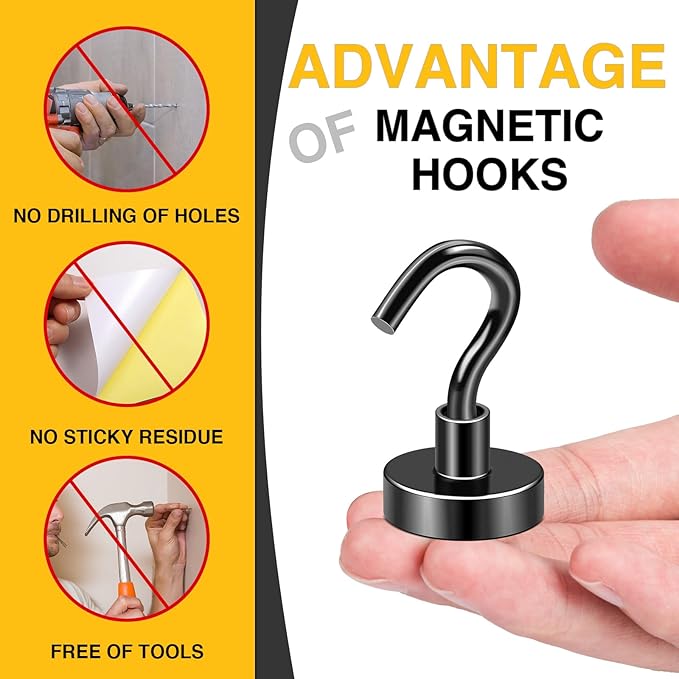 DIYMAG Black Magnetic Hooks, 50 LB Heavy Duty Magnet with Hook, 20 Packs Strong Rare Earth Neodymium Magnets for Hanging, Magnetics Hanger for Curtain, Home, Kitchen, Workplace