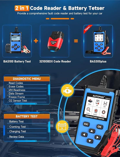 AUTOPHIX BAS300 Plus OBD2 Scanner & Battery Tester(Upgrade of BAS100), 2-in-1 Car Diagnostic Tool, 12V 100-2000 CCA Battery Charging Cranking Test, Check Engine Light Car Code Reader for All US Cars