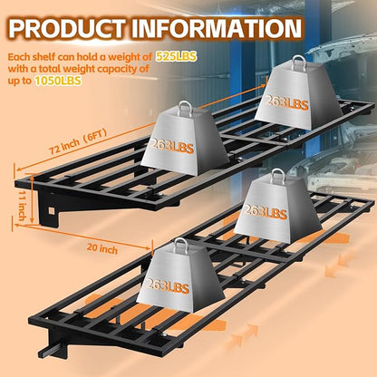 Garage Wall Shelving with Hooks,2-Pack 1.64 x 6ft Garage Wall Shelf,Loads 1050 lbs Heavy Duty Wall Shelves,20” x 72” Garage Shelves Wall Mounted,Black