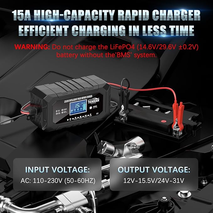 YONHAN 15-Amp Battery Charger LiFePO4 Trickle Car Battery Charger 12V 24V Fully-Automatic Smart Battery Chargers, Lead Acid Portable 9-Stage Smart Battery Maintainer with Temp Compensation(Black)