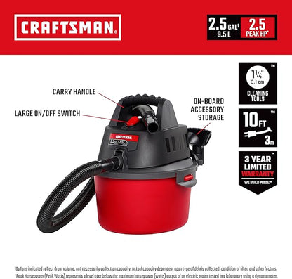 CRAFTSMAN CMXEVBE17595 16 Gal. 6.5 Peak HP Wet/Dry Shop Vacuum with Filter, Dust Bag, Hose, Attachments and CMXEVBE17250 2.5 Gal. 2.5 Peak HP Portable Vac with Filter Bag, Hose and Attachments