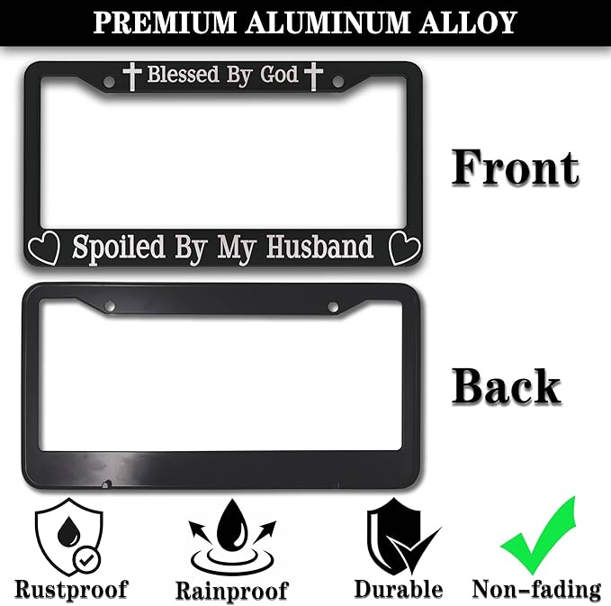 License Plate Frames Black and White Front License Plate Bracket Blessed by God Spoiled by My Husband Aluminum Metal Car Accessory 2 Pack with Screw Covers Set