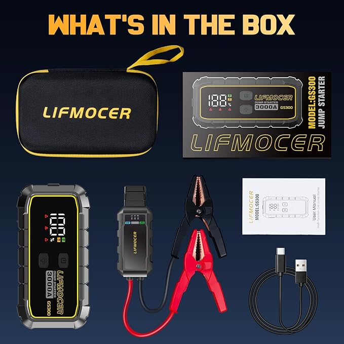 GS300 Jump Starter - 3000A Car Battery Jump Starter for Up to 10.0L Gas and 8.0L Diesel Engines, 12V Portable Jump Box with Storage Case USB Quick Charge, and LCD Display