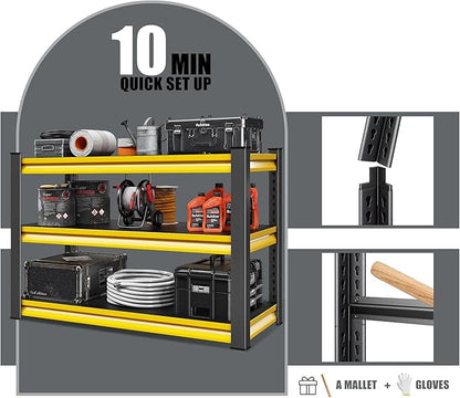 48" W Garage Shelving Heavy Duty, 1650LBS Loads Adjustable Garage Storage Shelves,3-Tier Metal Storage Racks and Shelving Units, Utility Rack Shelves,48" W x 18" D x 39" H,Yellow