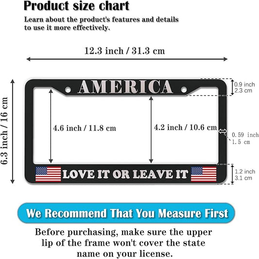 License Plate Frames Black and White License Plate Frame America Love It or Leave It USA Flag Aluminum Metal Car Accessory 2 Pack with Screw Covers Set