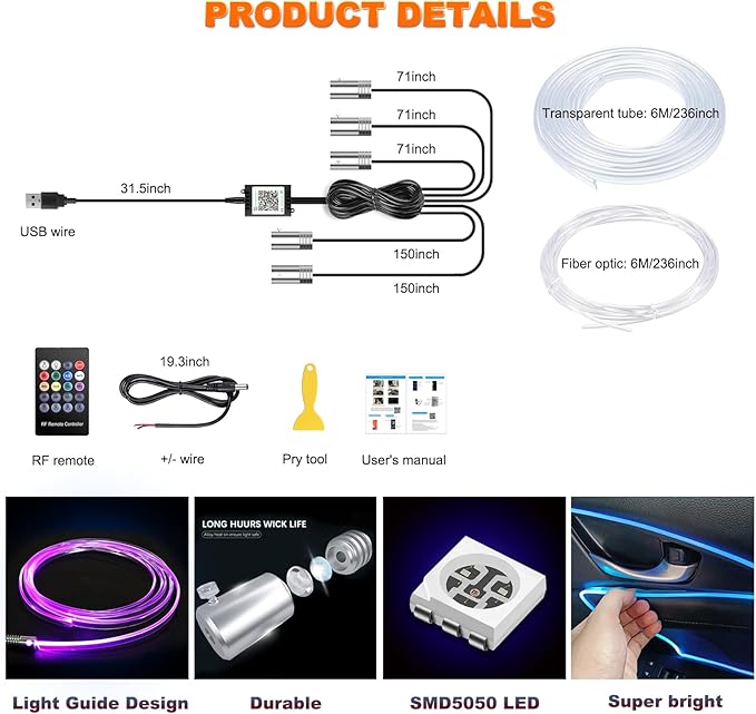 Interior Car LED Strip Lights with Wireless APP and Remote Control, RGB 5 in 1 Ambient Lighting Kits with 236 inches Fiber Optic, 16 Million Colors Car Neon Lights, Sync to Music