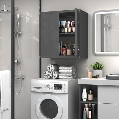 GREATMEET Metal Wall Cabinet, Wall Mounted Cabinet with Doors and Adjustable Shelf, Metal Storage Cabinet with Lock, Wall Cabinet for Garage, Pantry, Utility Room, Black