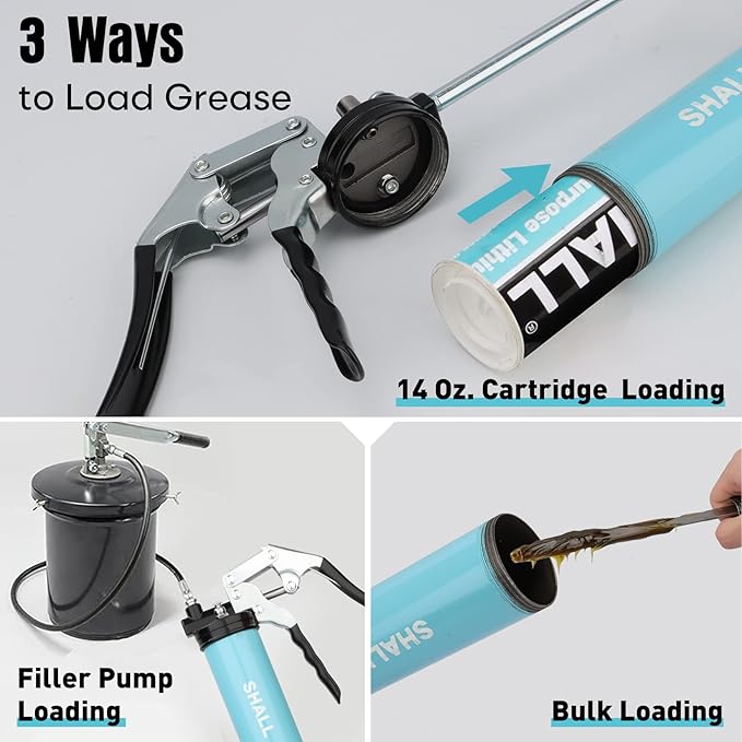 SHALL Grease Gun, 7000 PSI Heavy Duty Pistol Grip Grease Gun Kit w/Grease Gun Coupler, 18” Spring Flex Hose, Reinforced Coupler, 2 Extension Rigid Pipe, Sharp Nozzle, Fittings Cleaner | 14oz Load