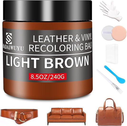 Leather Recoloring Balm,8.5oz Leather Color Restorer,Light Brown Leather Repair kit for Furniture and Car Interior,Leather Couch Scratch Repair,Leather Dye Paint for Faded,Cracked and Damaged Leather