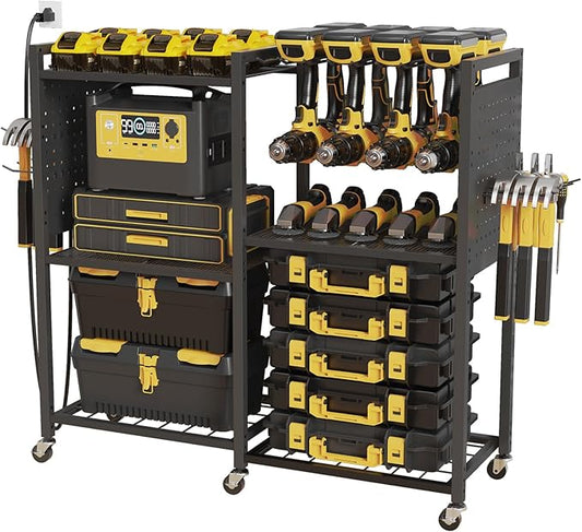 6-Tier Large Power Tool Organizer Cart with Charging Station, Heavy-Duty Garage Rolling Tool Cart with 6 Wheels, 8 Hooks & Adjustable Shelves, Holds 700LBS+