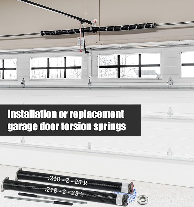Garage Door Torsion Spring Set, Pair of 2" Electrophoresis Coated Garage Door Spring Replacement with 2 Non-Slip Winding Bars and Bearing, Minimum 16000 Cycles (.218x2x25")