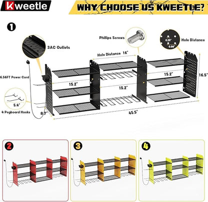 45" Power Tool Organizer Wall Mount with Charging Station - 3 Layer Storage Racks with 8 Cordless Drill Holder, 4 Hooks, Heavy Duty Garage Tool Organizer Storage for Workshop Shed Pegboard Basement