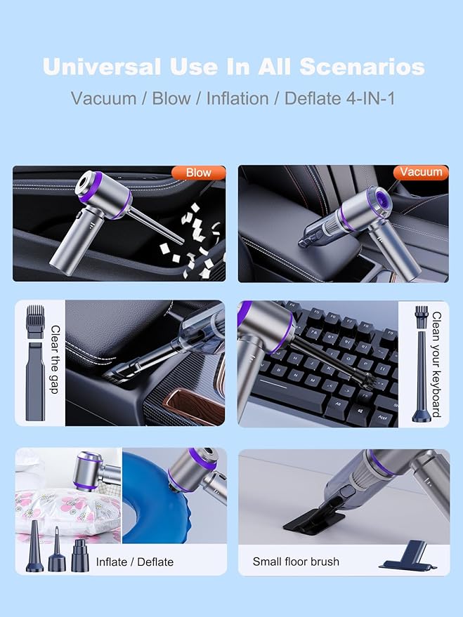 Vacuum/Air Duster 80,000RPM Super Power Mini Car Vacuum Cleaner 4-in-1 air Blower Gun Air Duster & Air Blower & Pump Hand Electric air Duster Handheld dust Blower Blower Cordless (Purple)