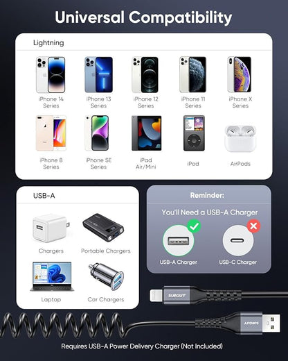 SUNGUY Coiled USB to Lightning Cable for Car, 2-Pack 4FT [MFi Certified] Retractable iPhone Charger Cable, Fast Charging CarPlay Cable for iPhone 14/13/12/11 Pro Max/XS MAX/XR/XS/iPad/iPod