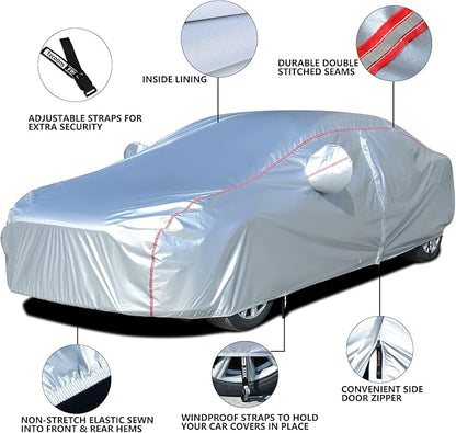 Tecoom Car Cover Waterproof All Weather Fit For Tesla Model 3 Toyota Corolla 2000-2023 Honda Civic 1991-2023, Kia Stinger/Forte, Subaru Legacy, Audi A3/A4/A5 etc, Car Cover Sedan With Lock/Door Zipper