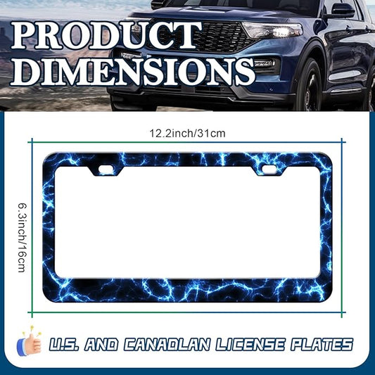 Blue Lightning License Plate Frames - 2 Pack Cool Thunder Stainless Steel License Plate Holder,Rust-Proof Waterproof Car Decorative Tag Frame with Screws Fasteners Caps