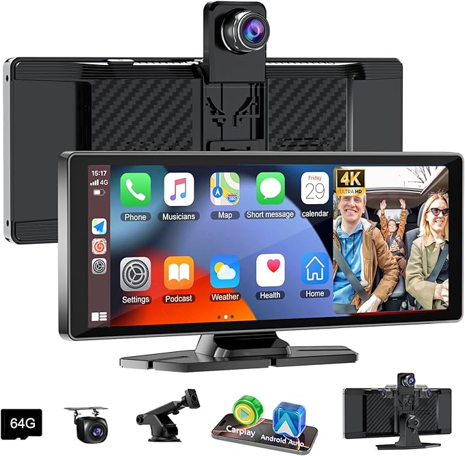 Carplay Screen for Car,10.26" HD Car Stereo for Apple Carplay & Android Auto -with Rotatable 4K Dash Cam & HD Backup Camera, Dual Front/Inside Recording, GPS Navigator for Cars,Trucks