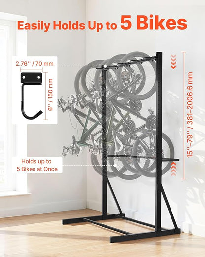 VEVOR Bike Rack, 300LBS/136KG Capacity for up to 5 Bikes, Freestanding Bike Storage Rack, Carbon Steel Vertical Bicycle Stand for Home, Yard, Garage, Living Room, Indoor/Outdoor Bicycle Storage Stand
