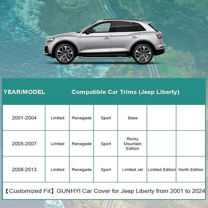 Premium Car Cover Custom Fit Jeep Liberty (2000-2025), 16 Layers Heavy Duty Car Cover Waterproof All Weather with Zipper Door for Sun Rain Snow Dust Uv Protection