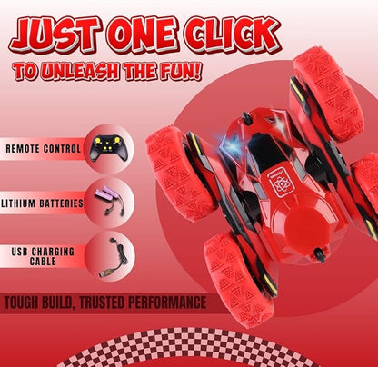 All-Round Drive Stunt RC Car - 360° Spins, High-Speed Off-Road with LED Headlights, 2 Rechargeable Batteries, AAA Remote Batteries, All-Terrain for Kids 6+ & Adults (Red)