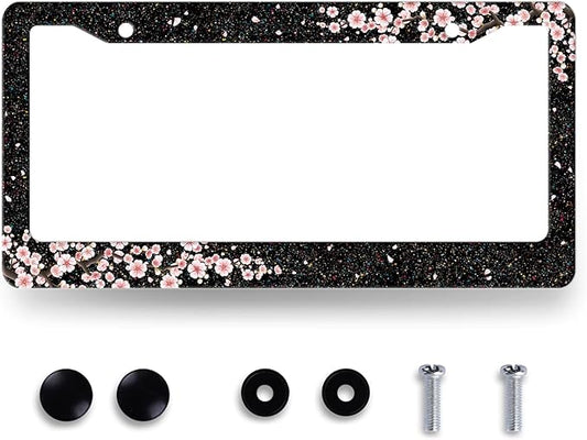 Bling Cherry Blossom License Plate Frame Pink Floral License Plate Stainless Steel Auto Parts Colorful License Plate Holder for Women Decoration with Screws License Plate Holder 12"x6"