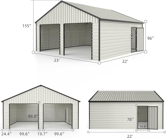 23 x 22 Metal Shed, Metal Garage Building with Side Entry Door, Prefab Double Garage Shed, Large Sheds & Outdoor Storage, Car Shed for Truck, Tool, Lawnmower, Cream