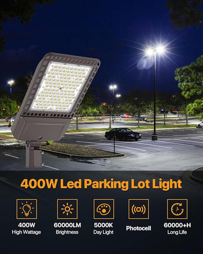 Led Parking Lot Light 400W 60,000LM Slip Fitter Street Pole Light with Dusk-to-Dawn Photocell 5000K 100-277V IP65 Waterproof Outdoor Commercial Area Lighting for Parking Lot, Roadways 2Pack