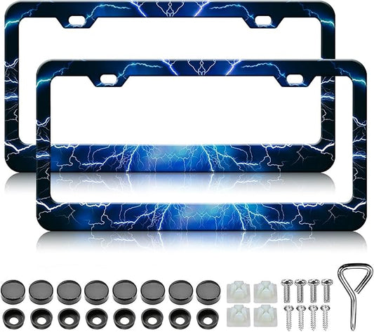 Blue Lightning License Plate Frames - 2 Pack Blue Thunder Stainless Steel License Plate Holder,Rust-Proof Waterproof Car Decorative Tag Frame with Screws Fasteners Caps