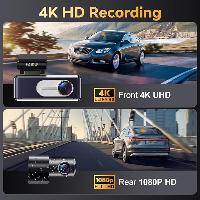 Dash Cam Front and Rear - 4K HD Dual Dash Camera for Cars, Built-in 5G WiFi GPS, 64GB Card, Dashcam with 3.2" IPS Screen, UHD Night Vision, HDR, App Control, 24H Parking Monitor
