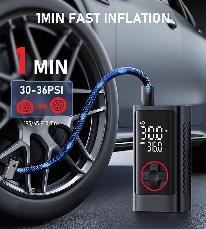 Tire Inflator Portable Air Compressor, 150PSI Cordless Air Pump for Car Tires, Electric Bike Tire Pump with Pressure Gauge, Auto Shut Off, LED Light for Car Motorcycle Bicycle Ball