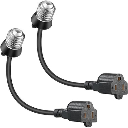 Feekoon 2 Pack 3 Outlet Light Socket Adapter, Convert E26/E27 Bulb Socket to 3 Prong Outlet with Extension Cord, Light Bulb Plug Adapter Converter Suitable for Outdoor Porch Garage Patio Use (Black)