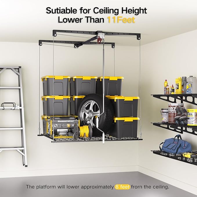 Overhead Garage Storage Rack, 4x4 Ft Adjustable Garage Ceiling Storage Lift, Heavy-Duty Ceiling Mounted Storage Lift System for Garage Organization, 250lbs Weight Capacity