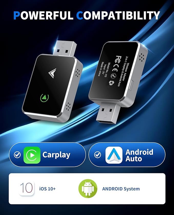 Wireless CarPlay Adapter, 2025 Upgraded 2-in-1 Mini Size CarPlay & Android Auto, Convert Wired to Wireless with USB & Type-C, Plug & Play, Stable Control & No Delay Car Play with iPhone & Android
