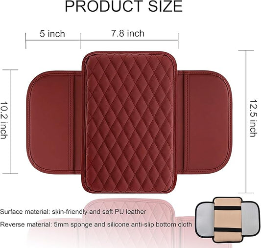 Car Center Console Cover, Upgraded Leather Armrest Seat Box Cover with 2 Storage Bags, Universal Waterproof Car Armrest Cover Cushion Comfortable Car Decor Accessories for Most Vehicles (Red)