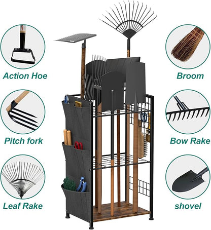 YBING Garden Tool Organizer, Yard Tool Stand with Side Storage Pockets, Yard Tower Rack for Garage Storage, Freestanding Tools Organizers and Storage for Shed, Brown