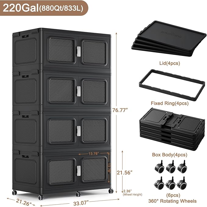 880 Qt Stackable Storage Bin with Lid, 220Gal Extra Large Collapsible Storage Boxes, Folding Plastic Drawer, Heavy-Duty Store Cabinet, Closet Organizer for Home Kitchen, 4 Pack Black