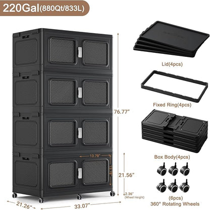 880 Qt Stackable Storage Bin with Lid, 220Gal Extra Large Collapsible Storage Boxes, Folding Plastic Drawer, Heavy-Duty Store Cabinet, Closet Organizer for Home Kitchen, 4 Pack Black