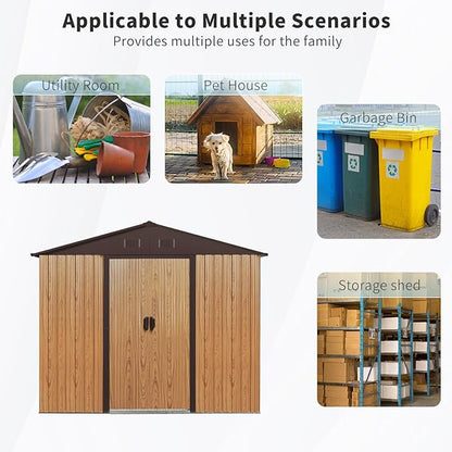 4x8 FT Outdoor Storage Shed, Metal Garden Shed with Frame Floor, Outside Tool Shed with Window, Waterproof Storage Building with Lockable Sliding Doors & Sloped Roof for Backyard, Patio, Coffee